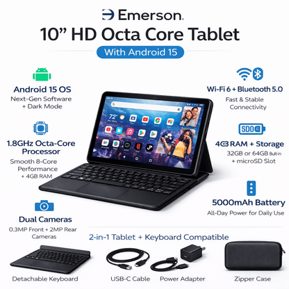 Emerson 10" HD Octa Core Tablet with Android 15 - Refurbished